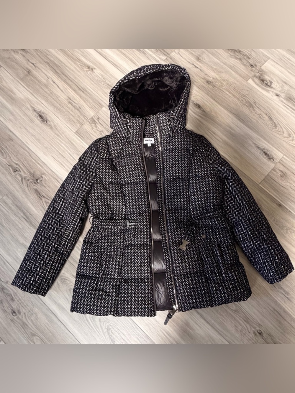 DKNY Black Quilted Hooded Puffer Jacket with Tweed Shell